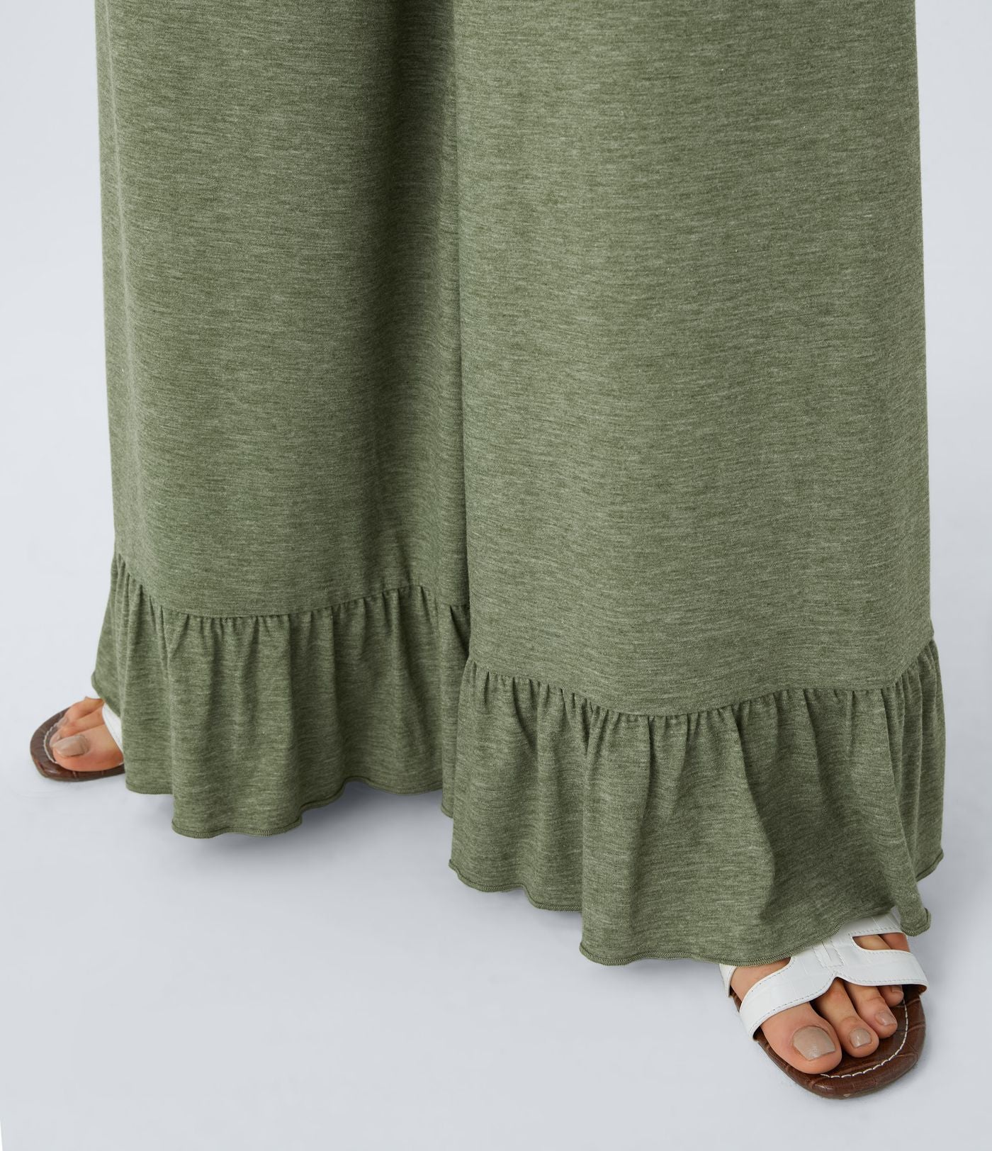 Pantalon Casual à Taille Haute avec Cordon De Serrage Poches Latérales et Volants Jambes Amples