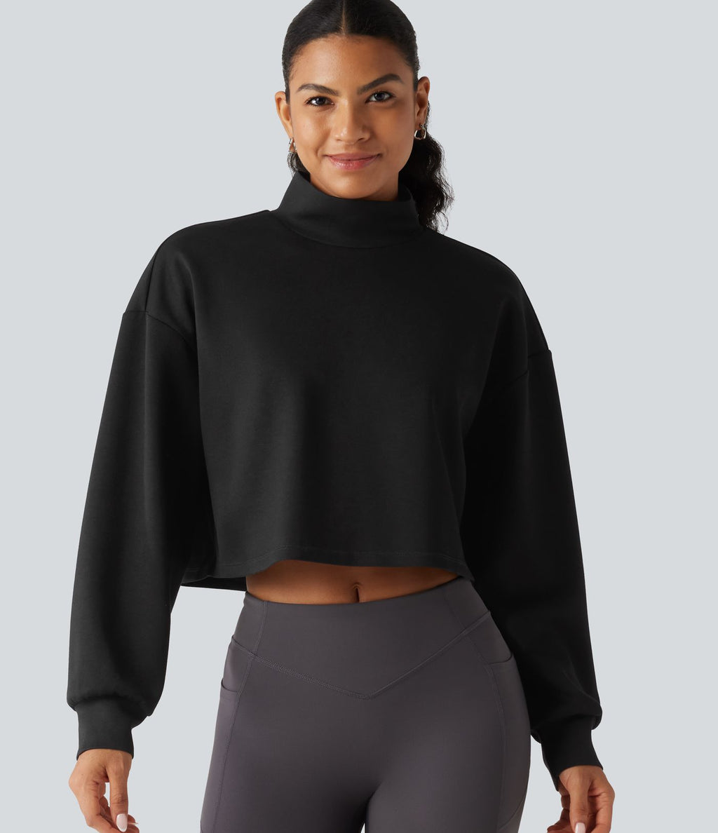 Sweat crop top col montant avec manches longues et coupe décontractée