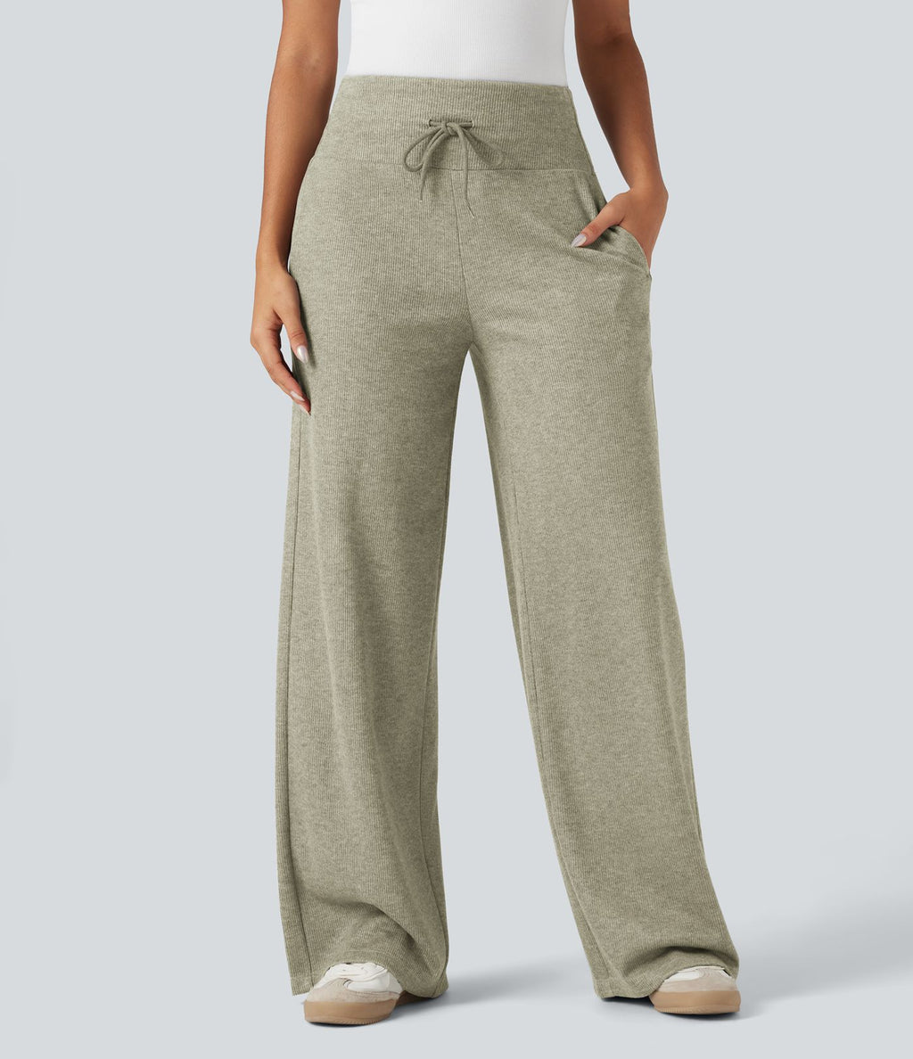 Pantalon jogging large décontracté côtelé gainant taille haute avec cordon de serrage et poches