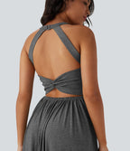Robe longue fluide fendue avec poches latérales, dos nu et effet torsadé