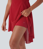 Robe de sport danse mini 2-en-1 laçage asymétrique résille contrastante fluide avec poche E-G
