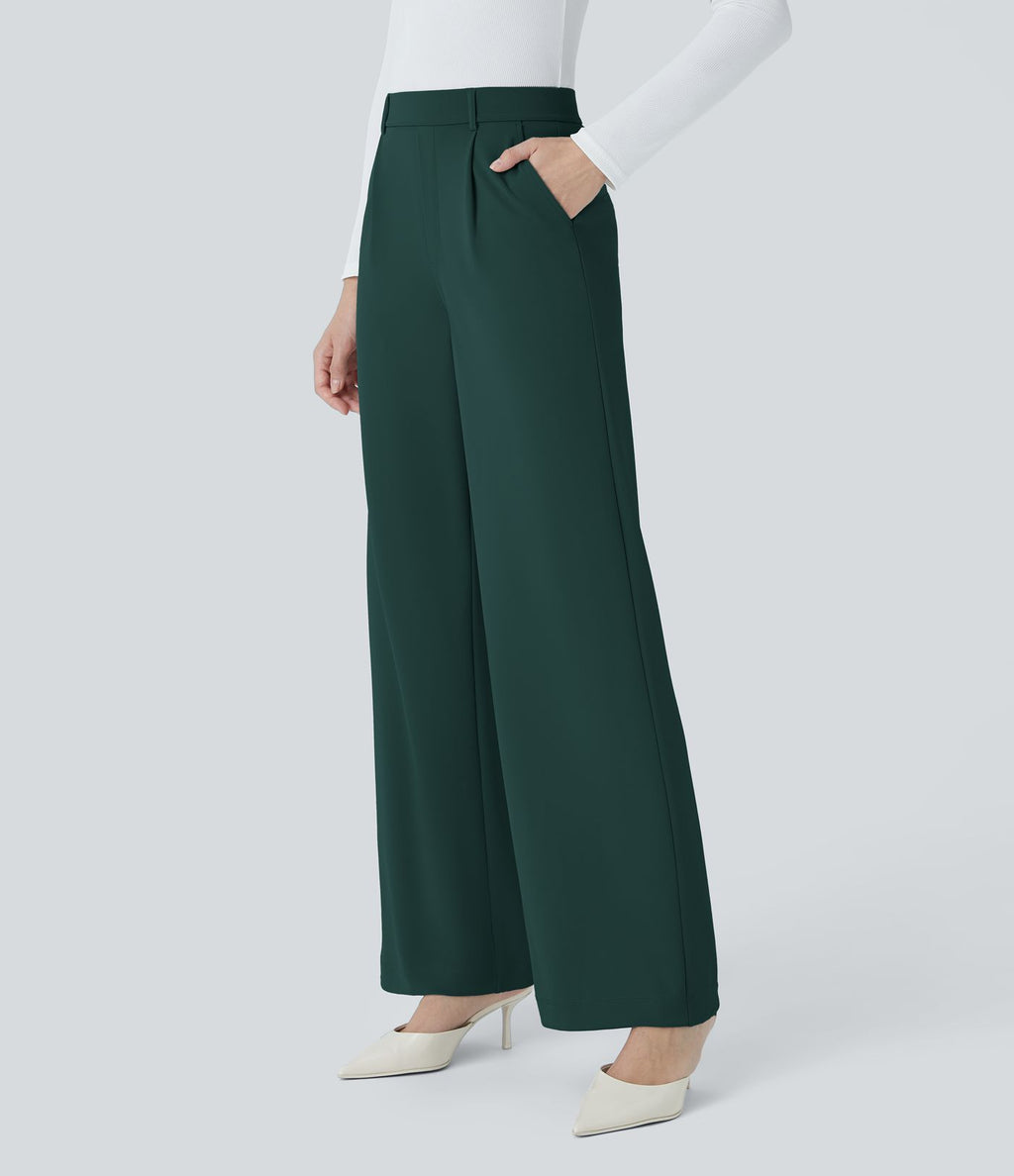Halara Flex™ Pantalon Tailleur Droit à Taille Haute avec Pli Poches Latérales en Crêpe