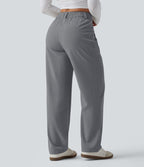 Pantalon décontracté mi-taille effet lin avec poches