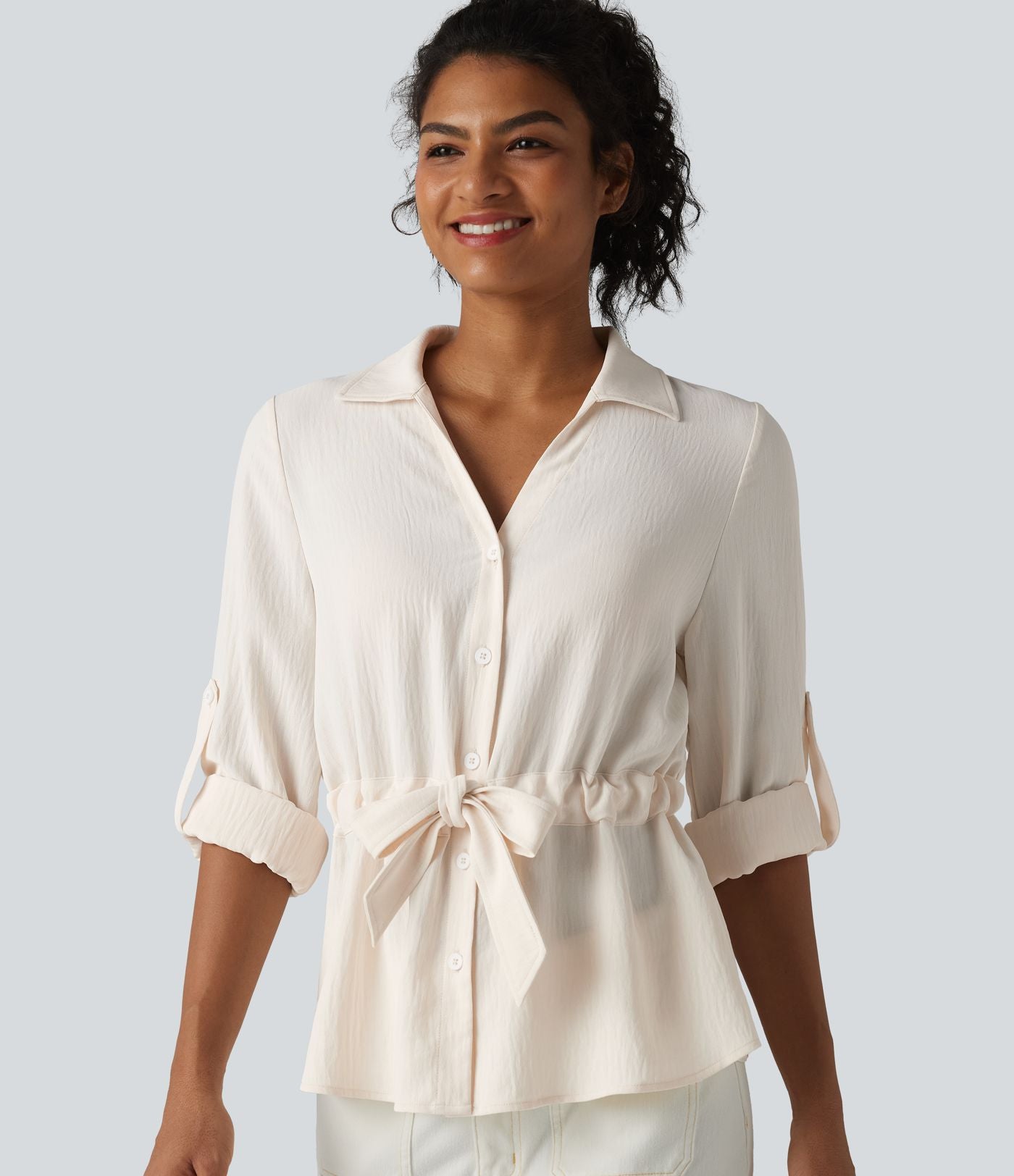 Chemise effet lin esprit bureau à revers, manches retroussées et lien à nouer