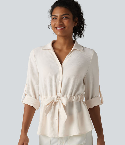 Chemise effet lin esprit bureau à revers, manches retroussées et lien à nouer