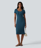 Robe midi casual moulante en maille côtelée à manches courtes, col henley et bas sirène