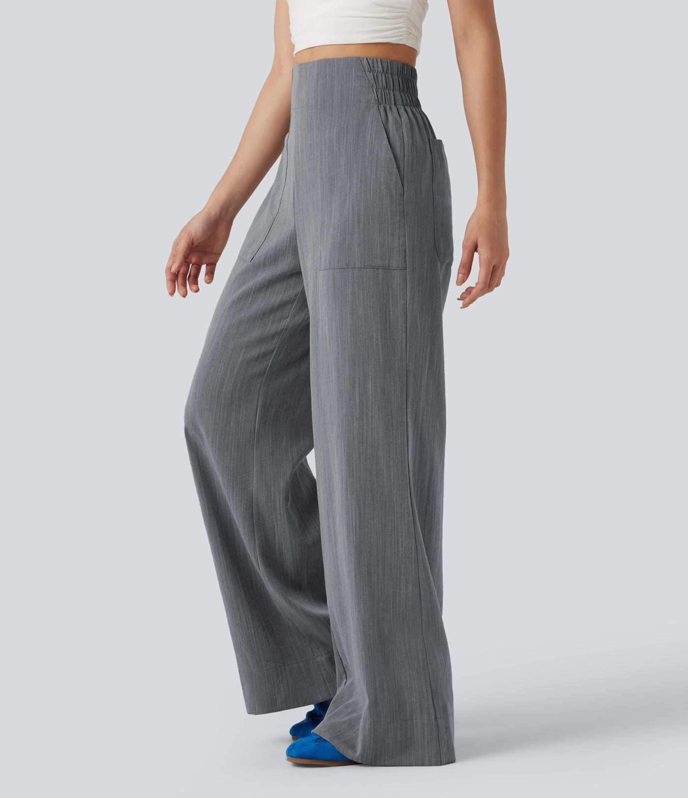 Pantalon flare taille haute effet lin avec poches