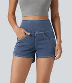 Short en jean rayé taille haute Halara Flex™ avec ourlet arrondi et poches