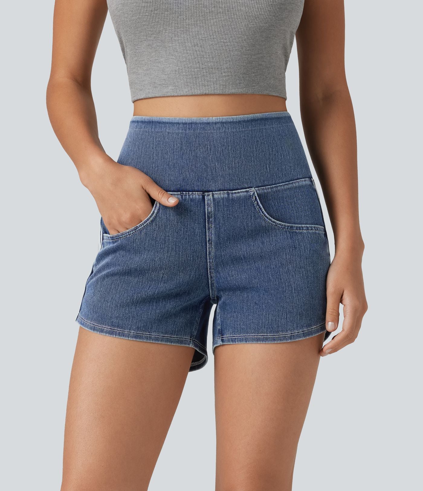 Short en jean rayé taille haute Halara Flex™ avec ourlet arrondi et poches