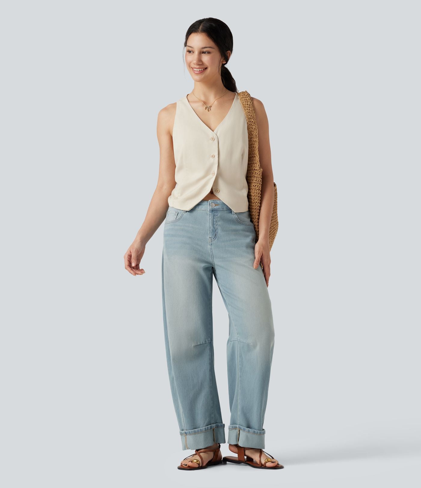 Jean coupe barrel Halara Flex™ taille basse à revers avec poches