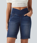 Short en jean Halara Flex™ casual gainant taille haute croisée avec poches
