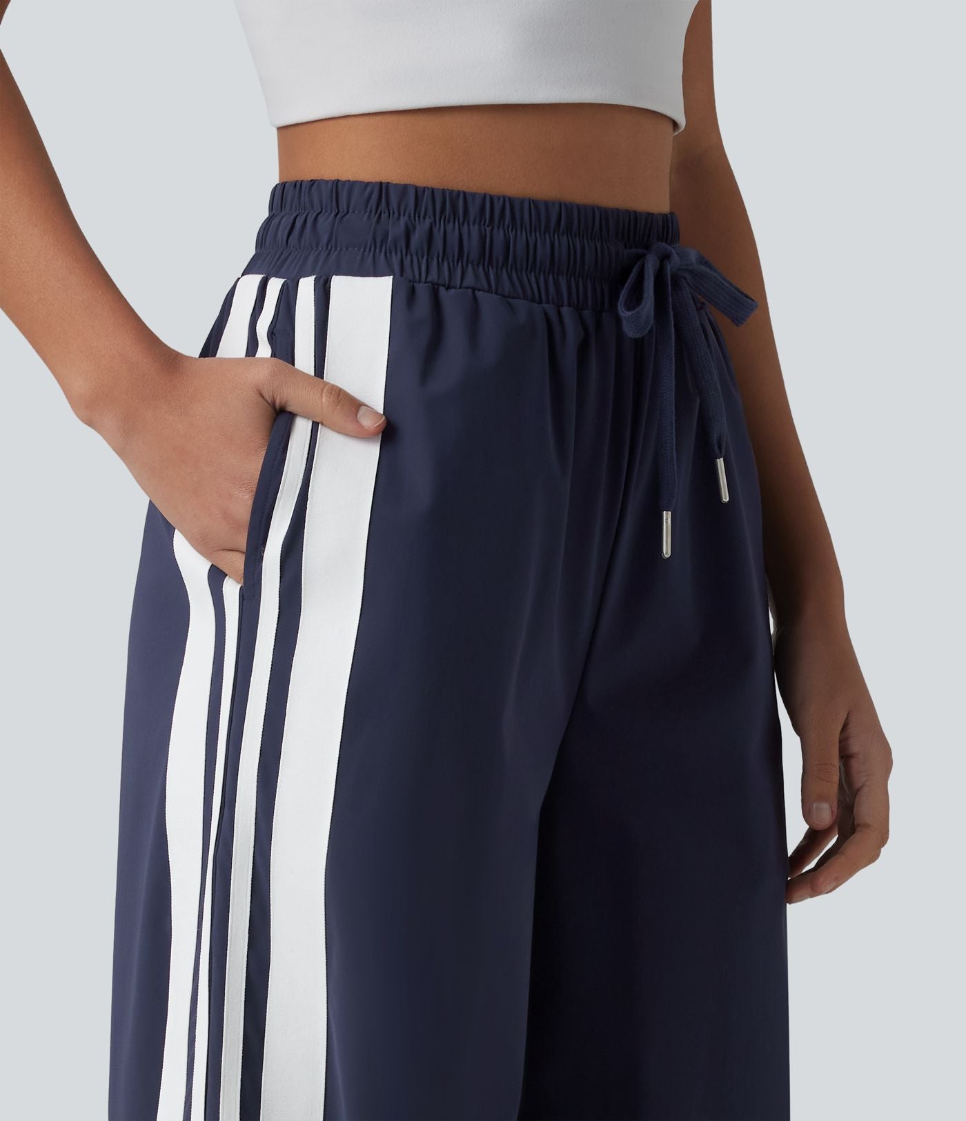 Pantalon large de course taille haute effet frais InstantCool à séchage rapide, color block à rayures avec nœud, cordon de serrage et poches, protection solaire UPF40+