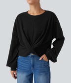 Sweatshirt casual côtelé maille col rond manches longues avec ourlet torsadé