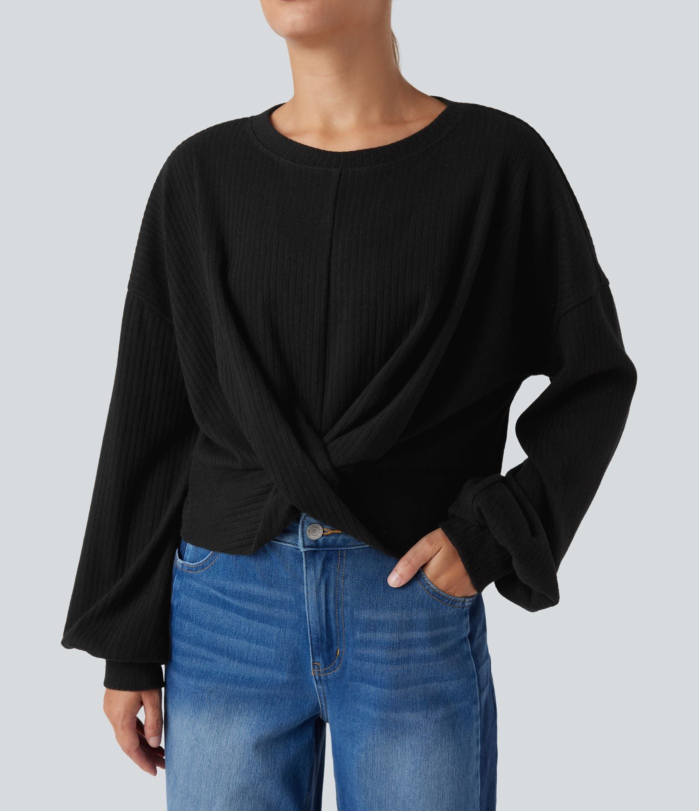 Sweatshirt casual côtelé maille col rond manches longues avec ourlet torsadé