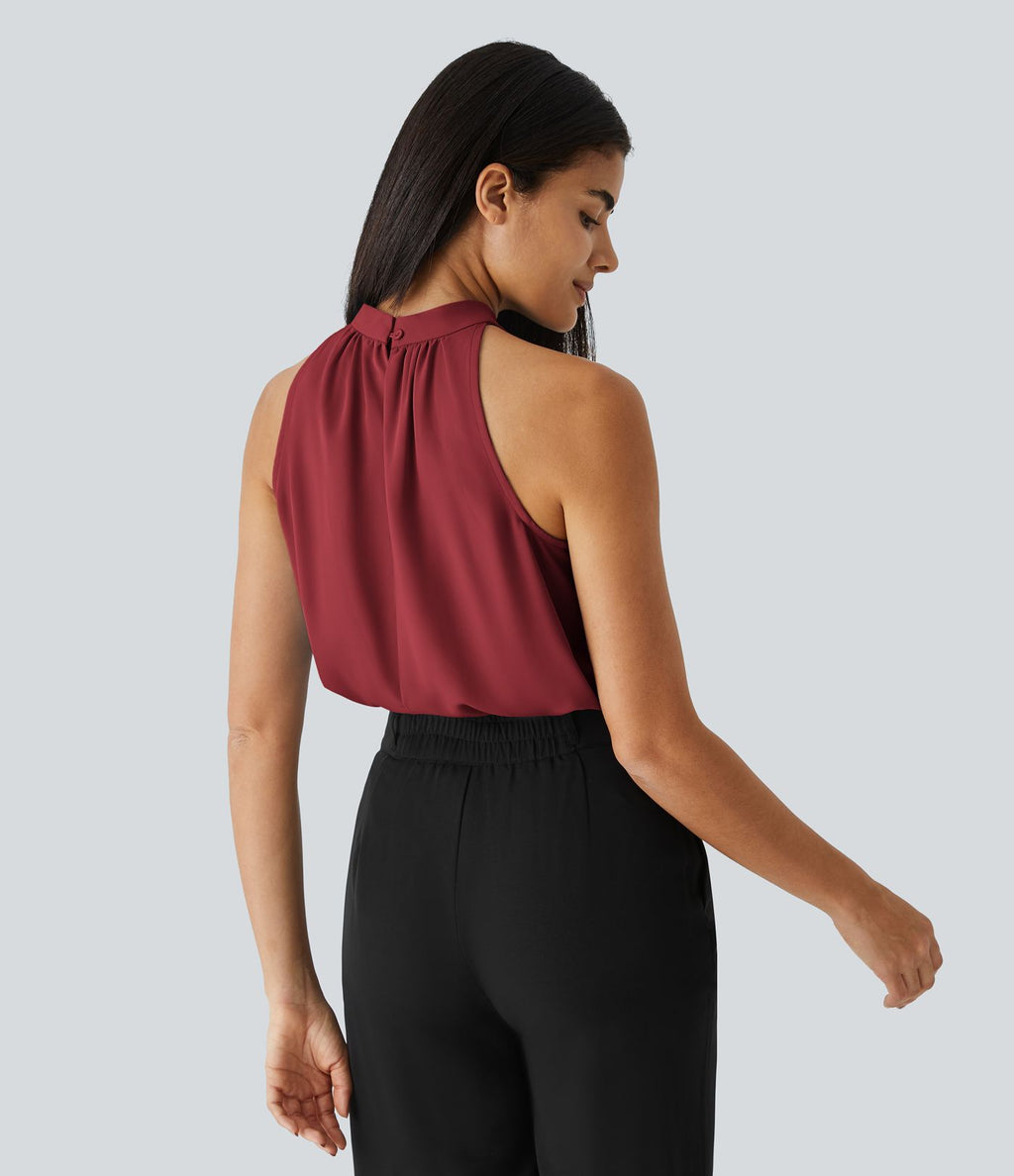 Blouse Travail Sans Manches Ourlet Courbé Col Haut Découpe au Dos Plis