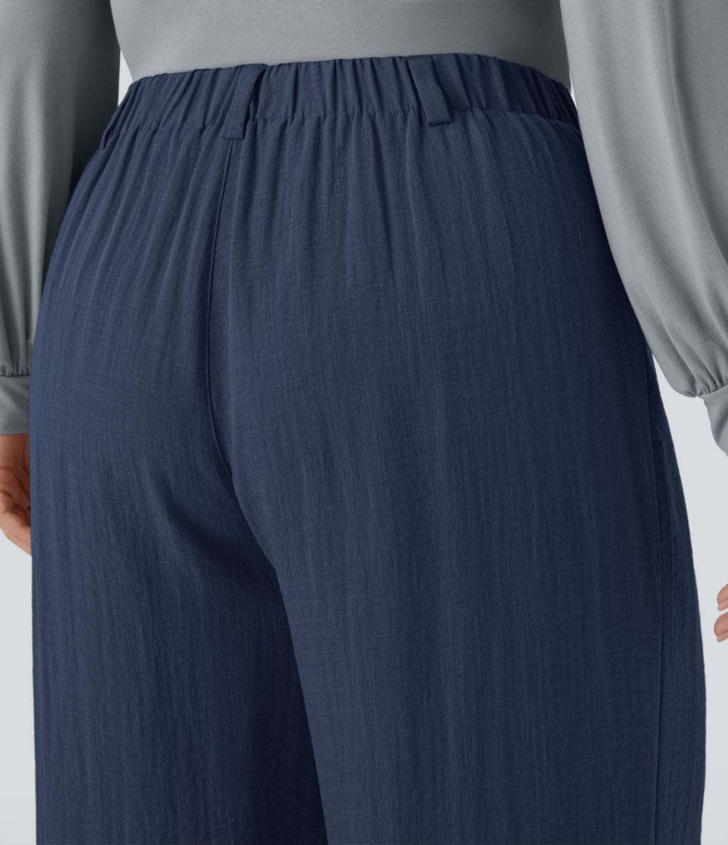 Pantalon décontracté palazzo large effet lin, taille haute, grande taille, avec poches