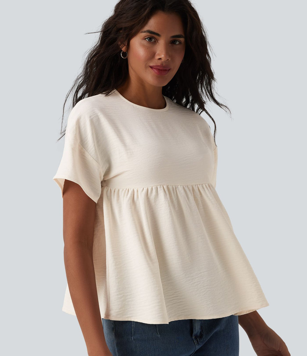 T-shirt décontracté col rond manches courtes ourlet à volants aspect lin