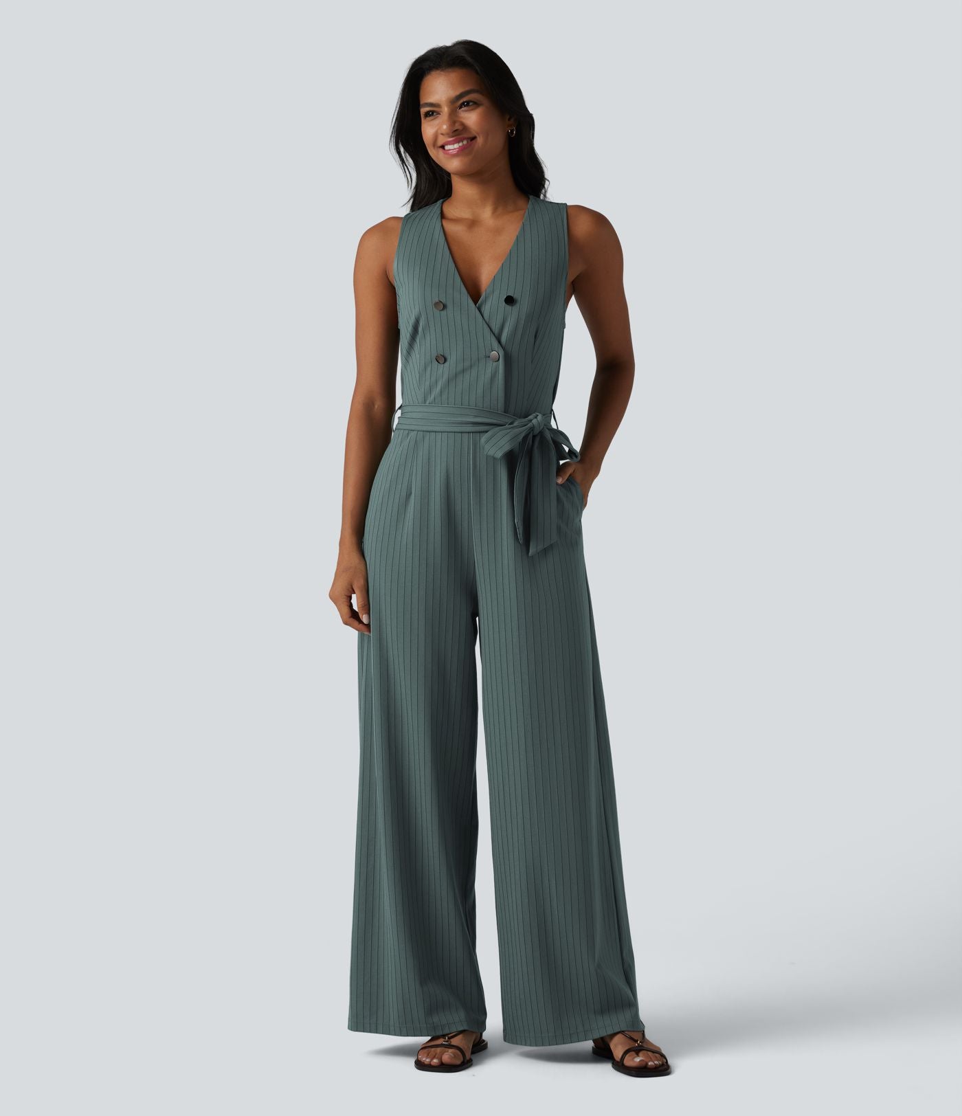 Combinaison tailleur sans manches à col V, ceinturée, avec zip invisible, rayures et effet frais avec poches, accès facile Easy Peasy