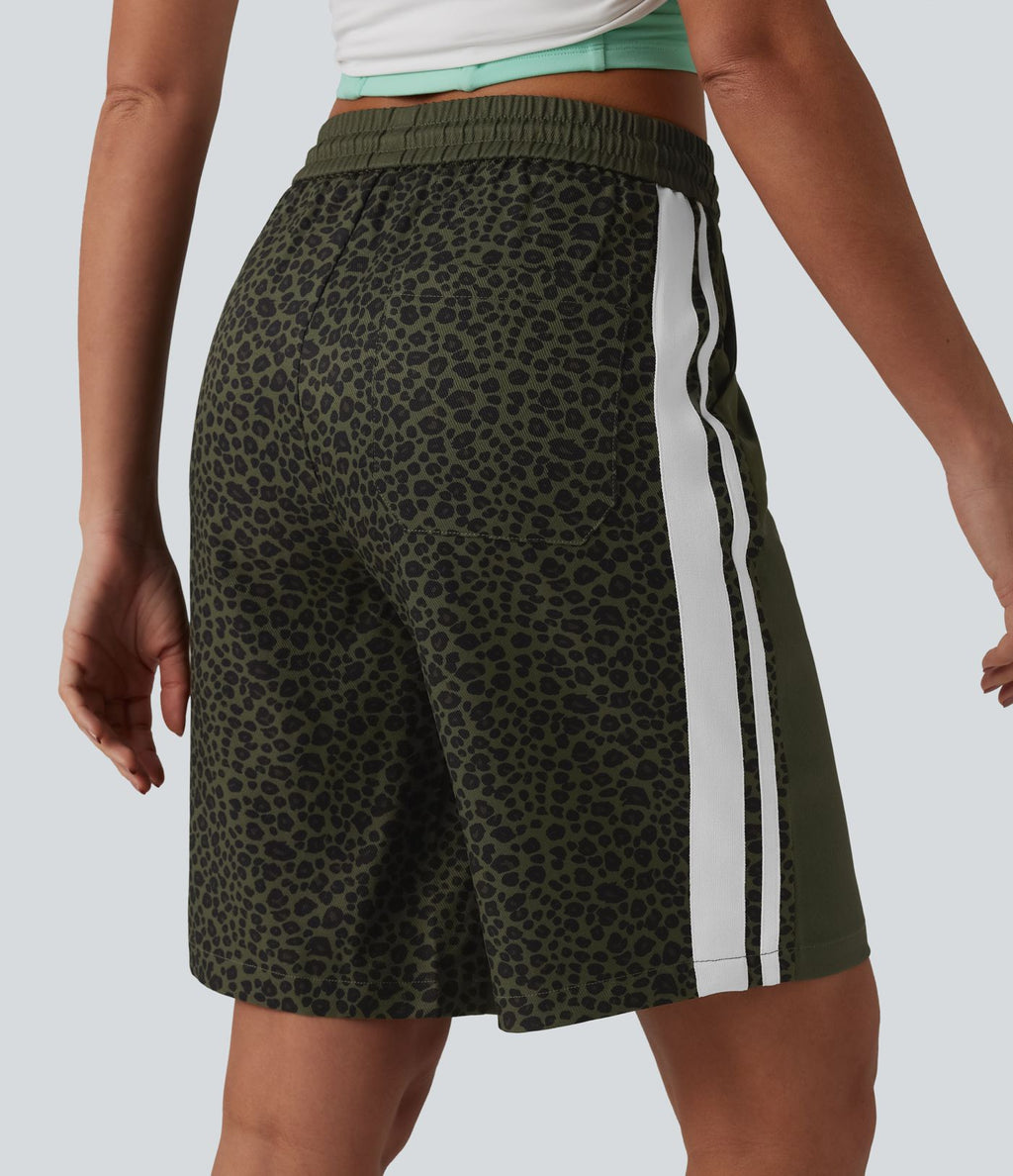 Short ample décontracté à taille mi-haute, cordon de serrage, rayures contrastées léopard, 25 cm, avec poches