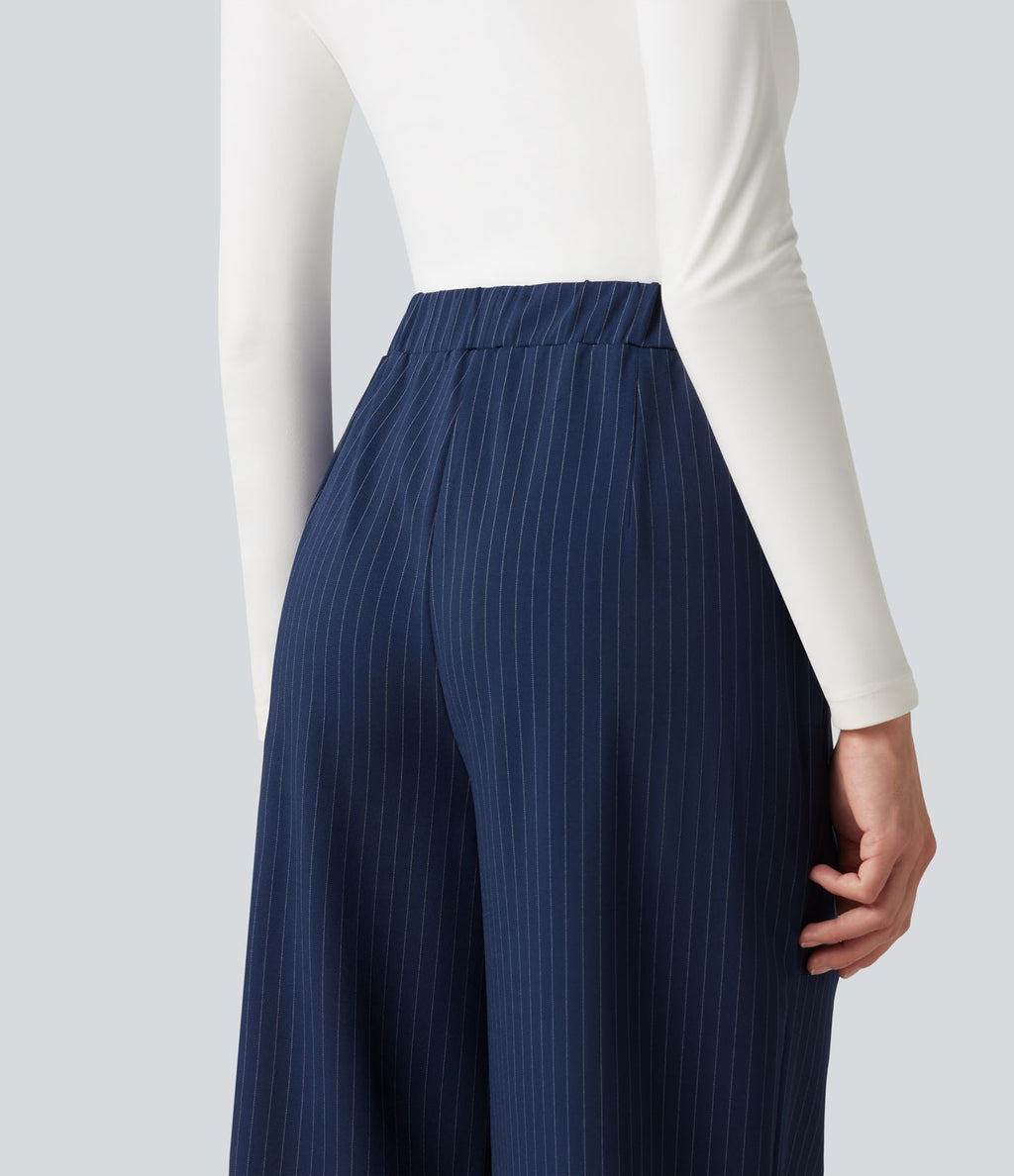 Pantalon tailleur large taille haute à rayures avec boutons décoratifs et poches