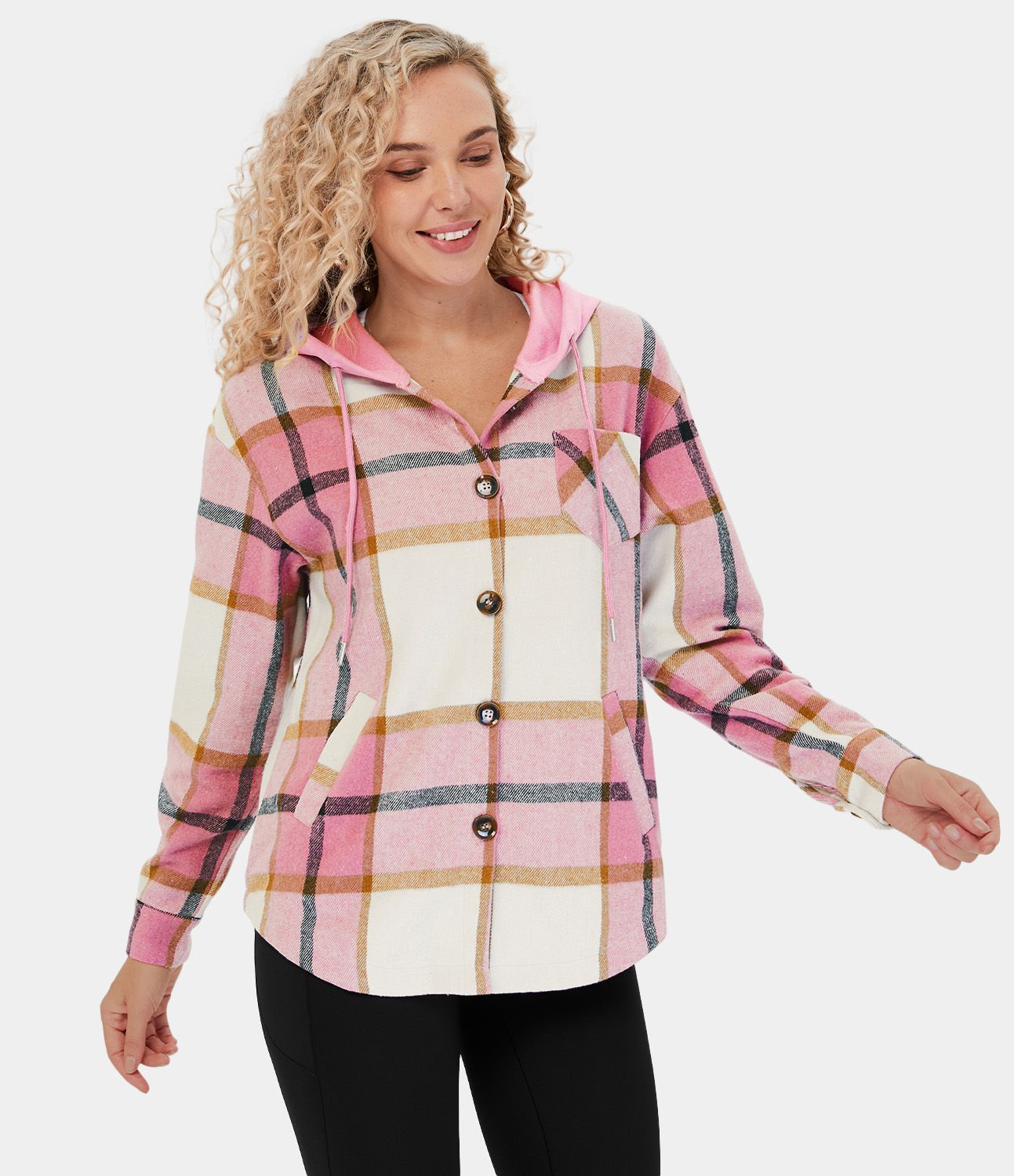 Veste de Casual à Carreaux en Polaire à Capuche avec Cordon de Serrage Boutons et Poches Latérales