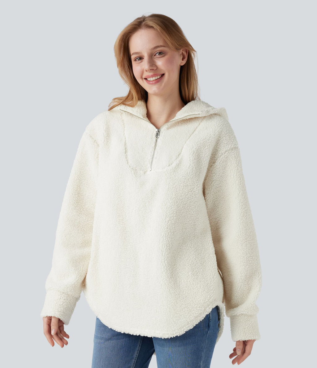 Sweat-shirt sherpa oversize à capuche et demi-zip avec ourlet arrondi et poches
