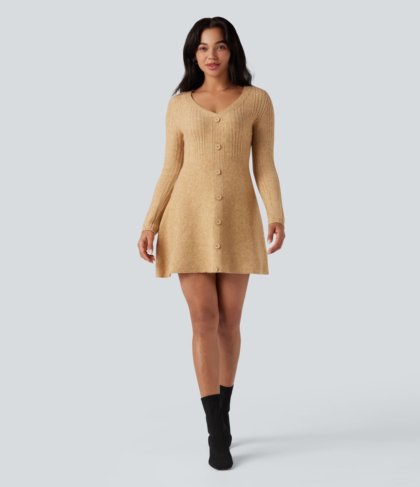 Robe pull courte col V manches longues