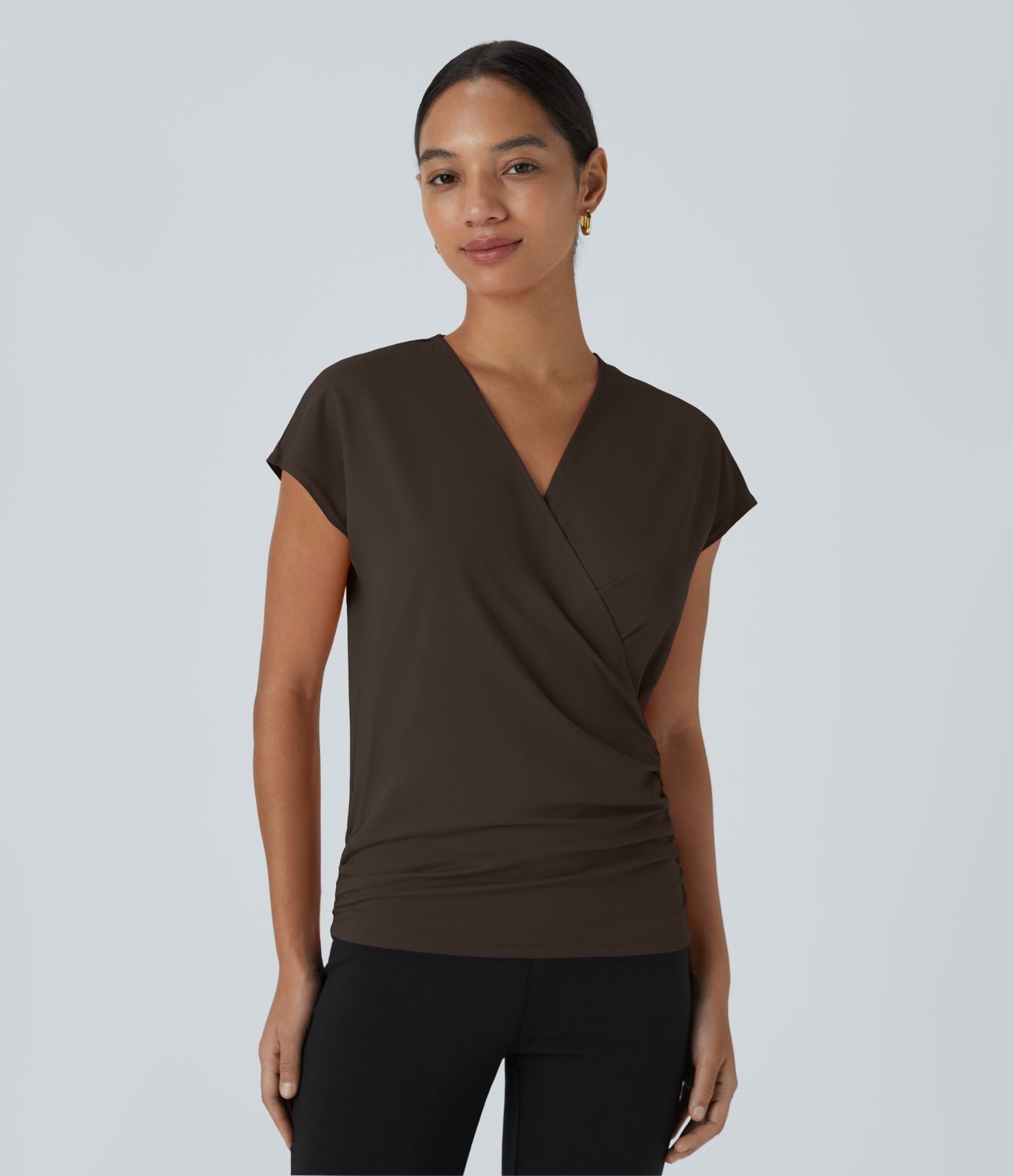 Blouse Travail Unie Froncée Croisée Manches Courtes Col en V