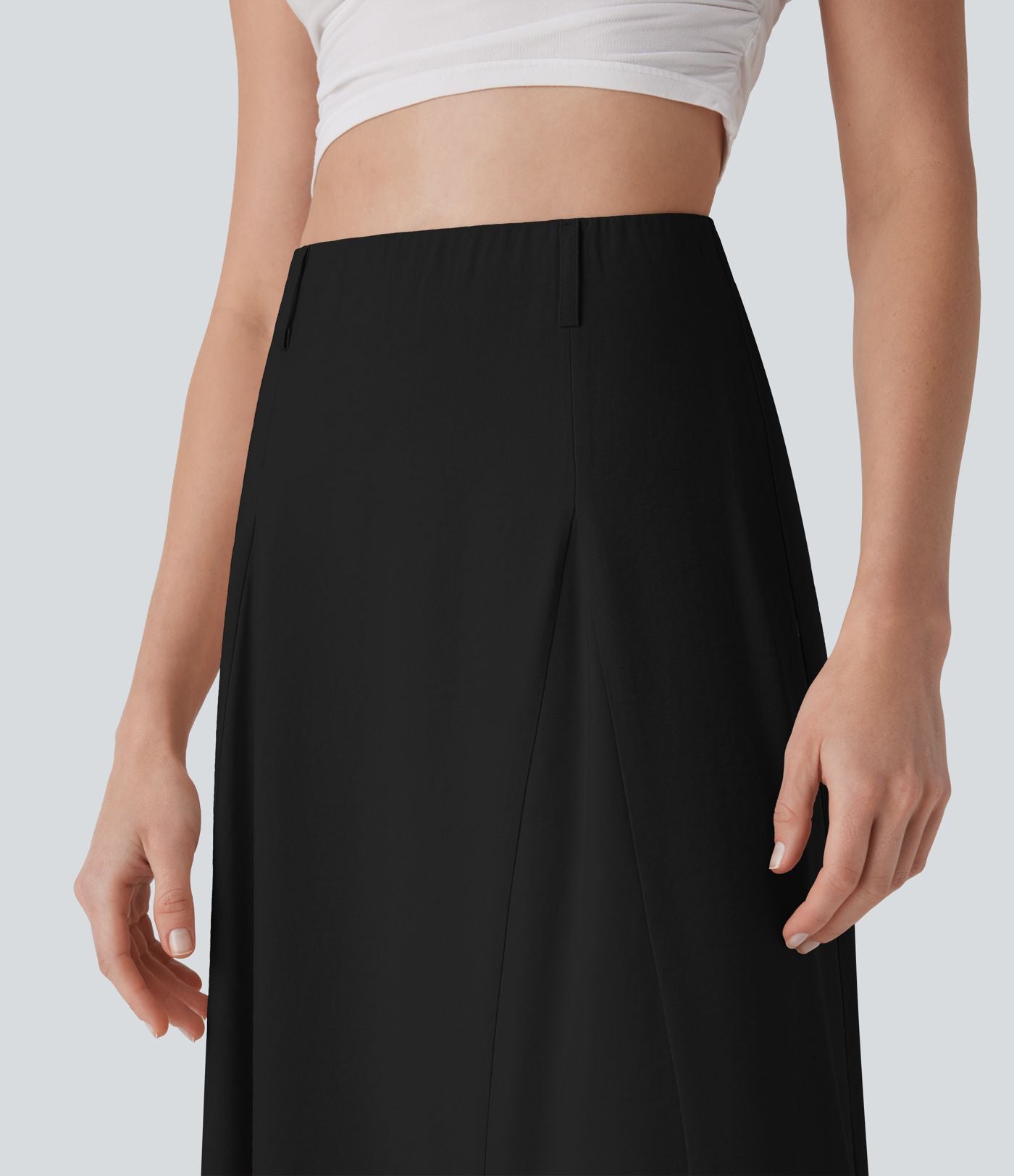 Jupe longue évasée à taille haute avec fermeture éclair invisible, aspect lin