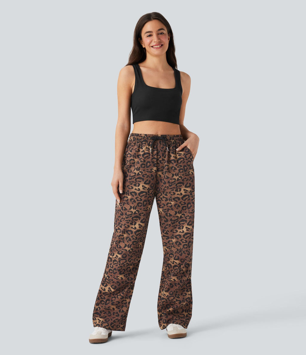 Pantalon casual taille haute cordon jambe droite imprimé léopard avec poches
