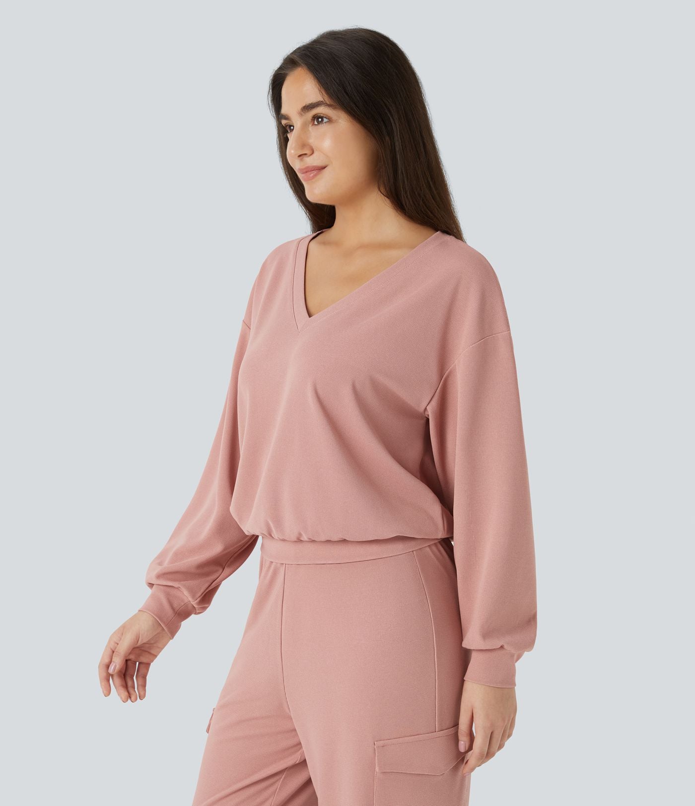 Sweatshirt Casual en Tissu Gaufré à Col en V et Manches Longues Épaules Tombantes