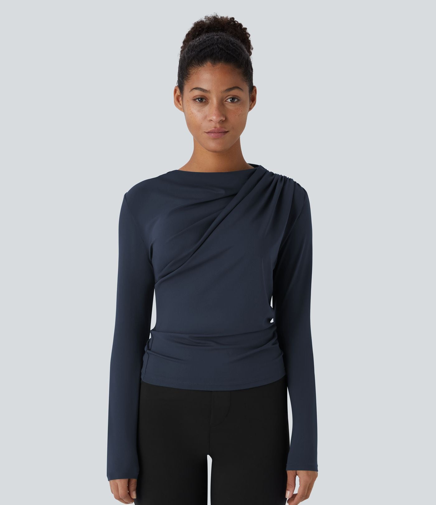 Cowl Neck Ruched Long Sleeve Slim Work Top