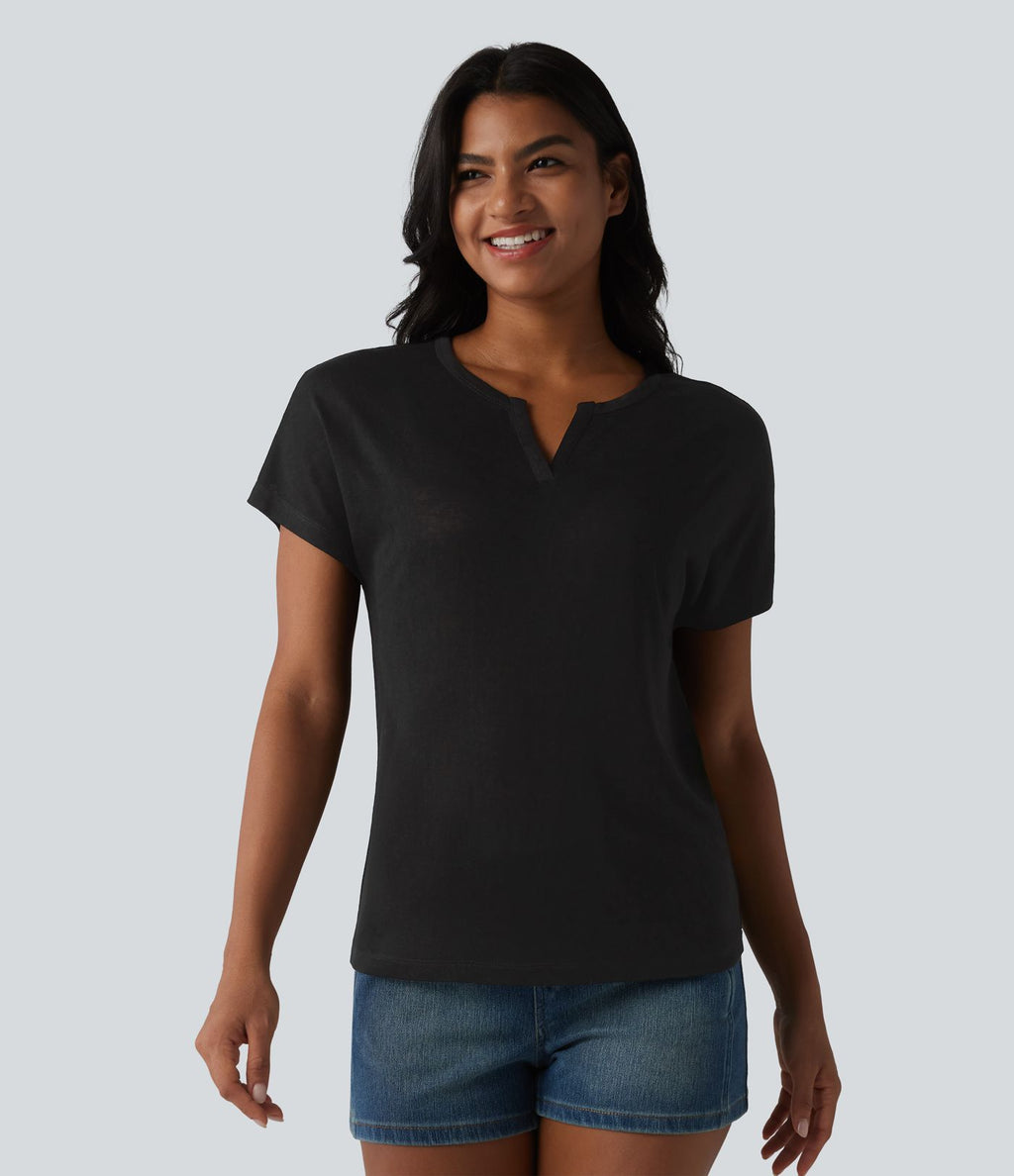 T-shirt casual col V semi-transparent en lyocell manches courtes