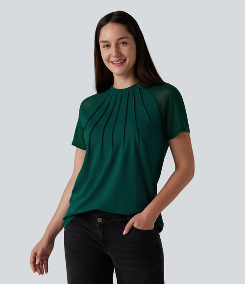 Blouse décontractée col rond manches raglan courtes avec empiècement en mesh contrasté