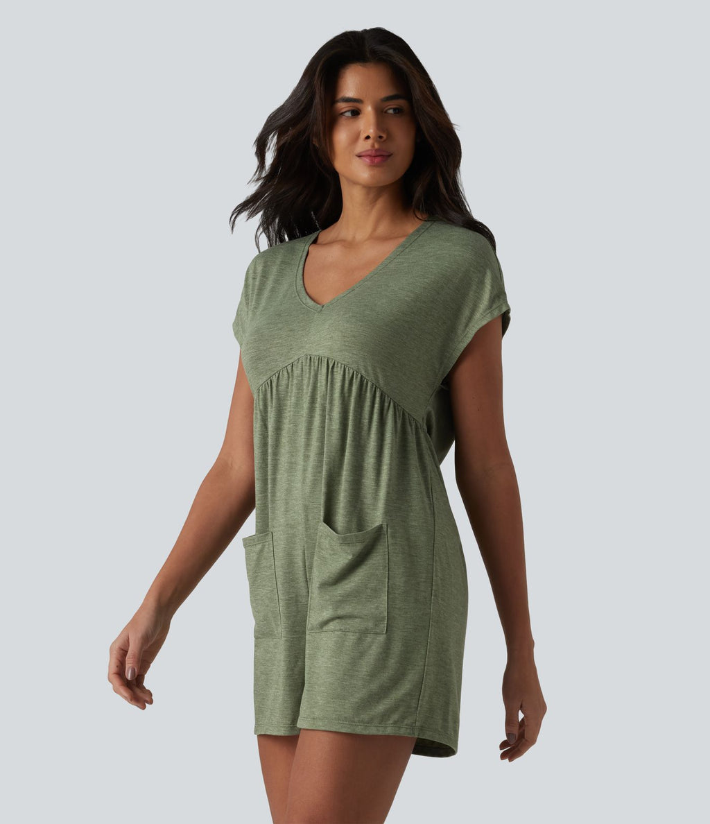 Combishort décontracté col V dos drapé manches courtes en jersey chiné avec poches - Easy Peasy