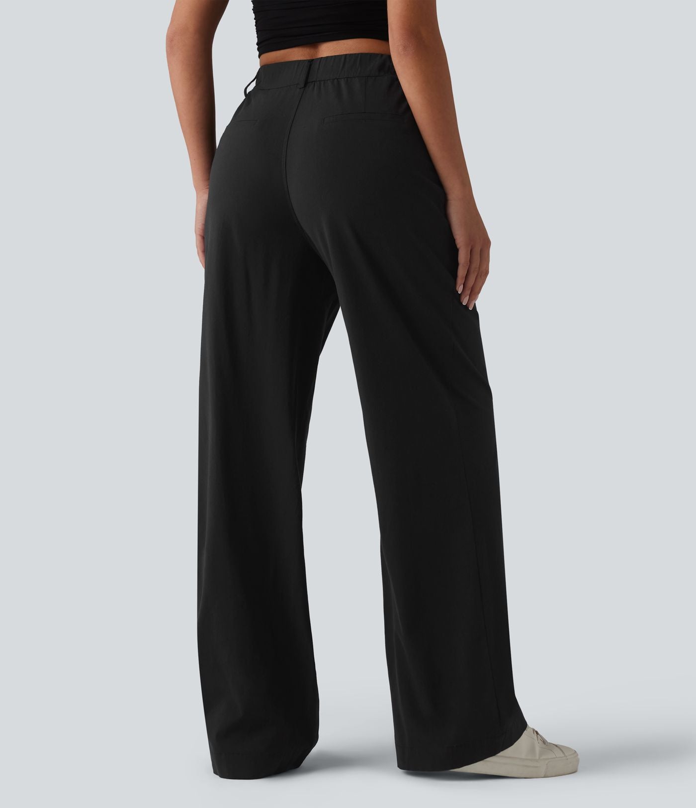 Pantalon taille haute casual en lin stretch coupe droite avec poches