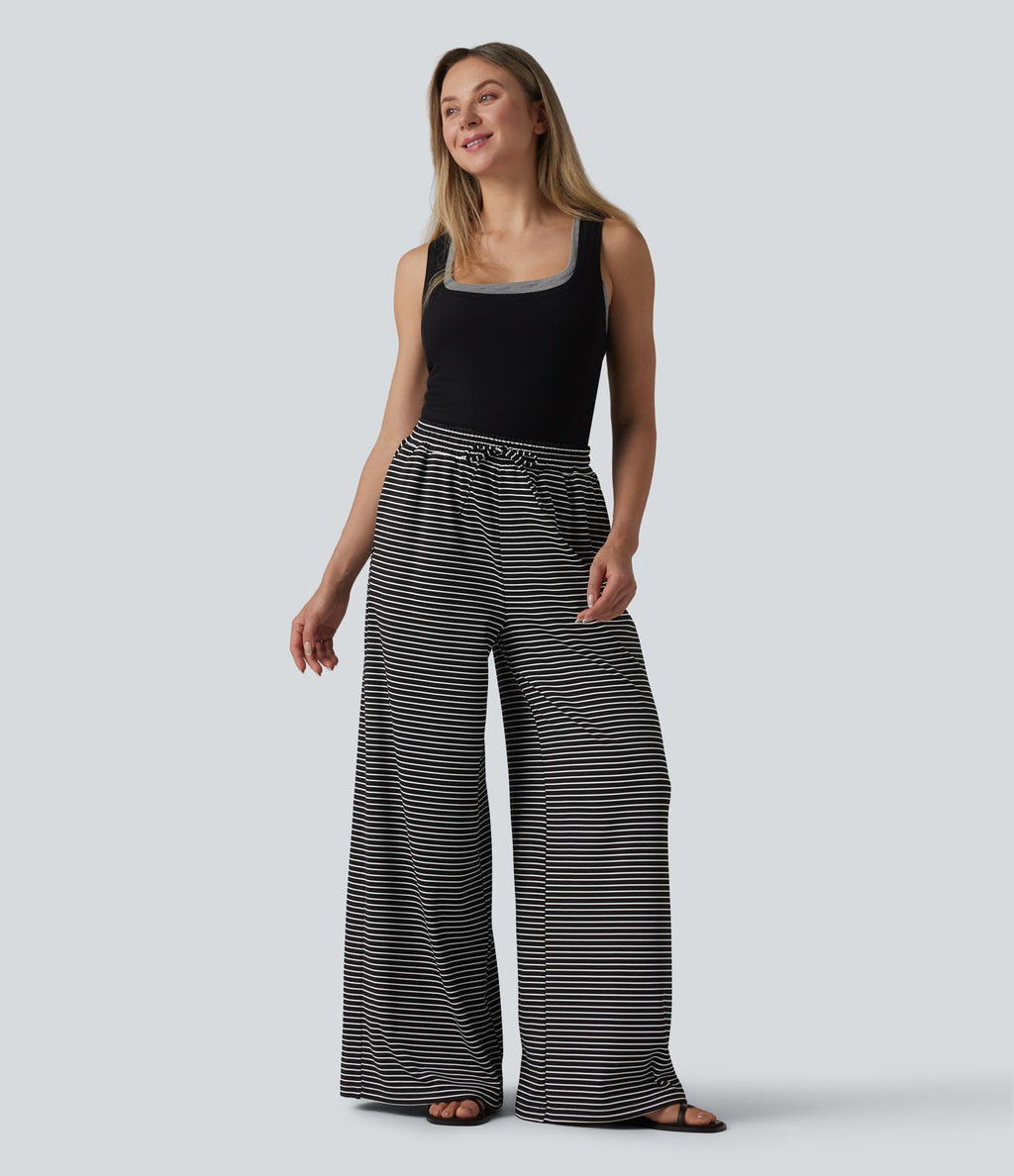 Pantalon large fluide décontracté taille haute rayé en maille côtelée avec cordon de serrage et poches