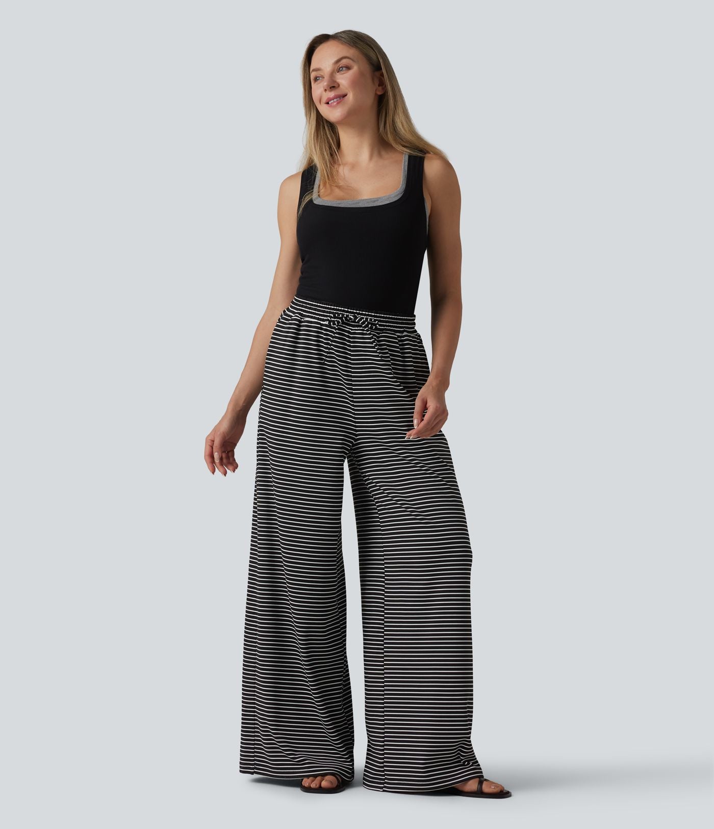 Pantalon large fluide décontracté taille haute rayé en maille côtelée avec cordon de serrage et poches