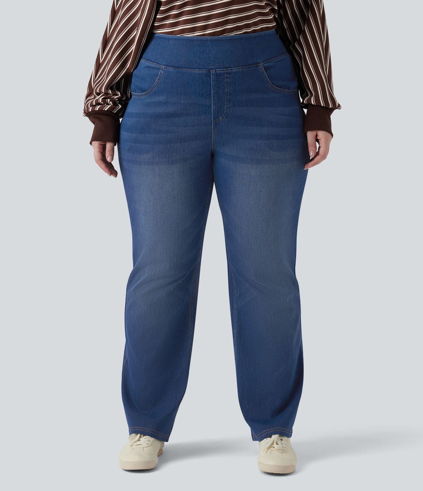 Jean décontracté Halara Flex™ grande taille bootcut taille haute en maille extensible délavée avec multiples poches