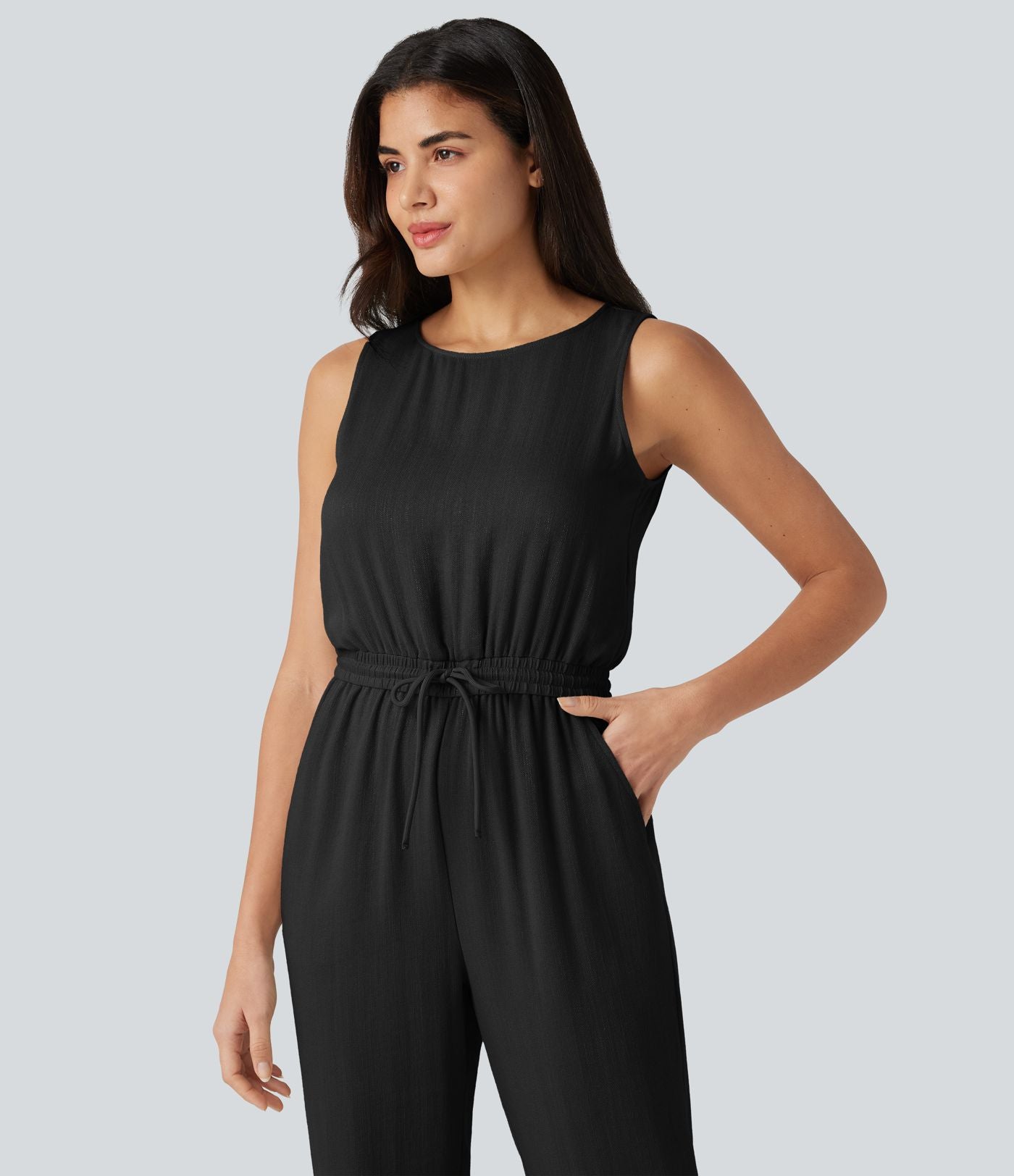 Combinaison casual col rond sans manches avec cordon de serrage, aspect lin et poches