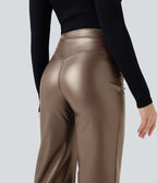 Pantalon similicuir évasé gainant taille haute stretch avec poches