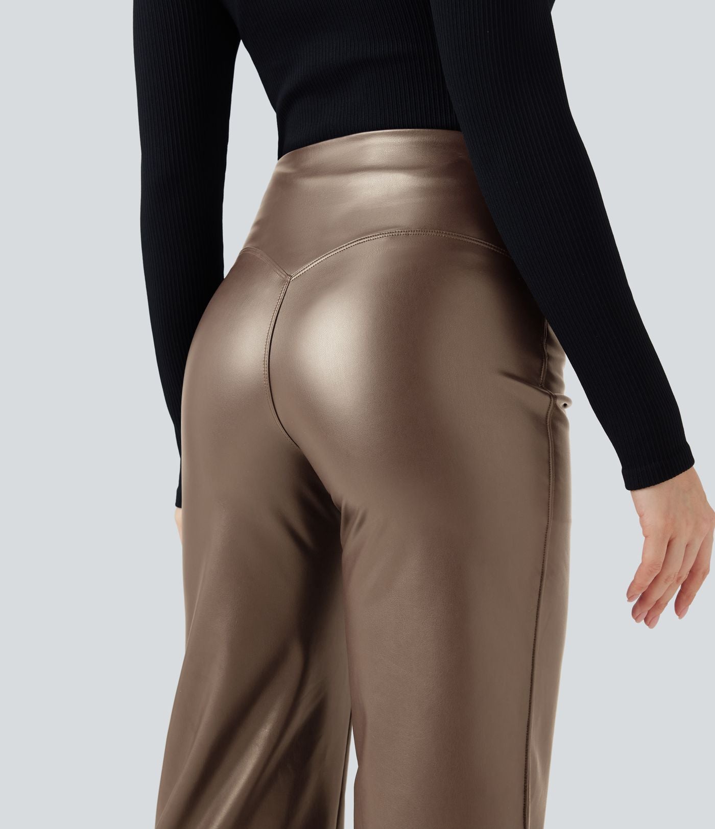 Pantalon similicuir évasé gainant taille haute stretch avec poches
