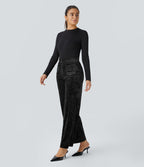 Pantalon en Velours Taille Haute avec Bouton Multipoches Droites
