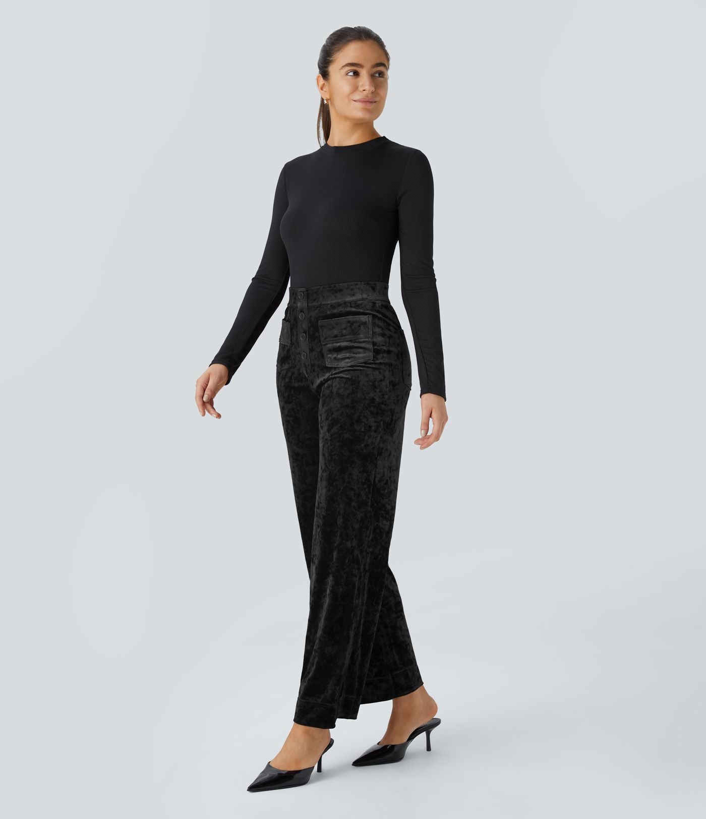 Pantalon en Velours Taille Haute avec Bouton Multipoches Droites