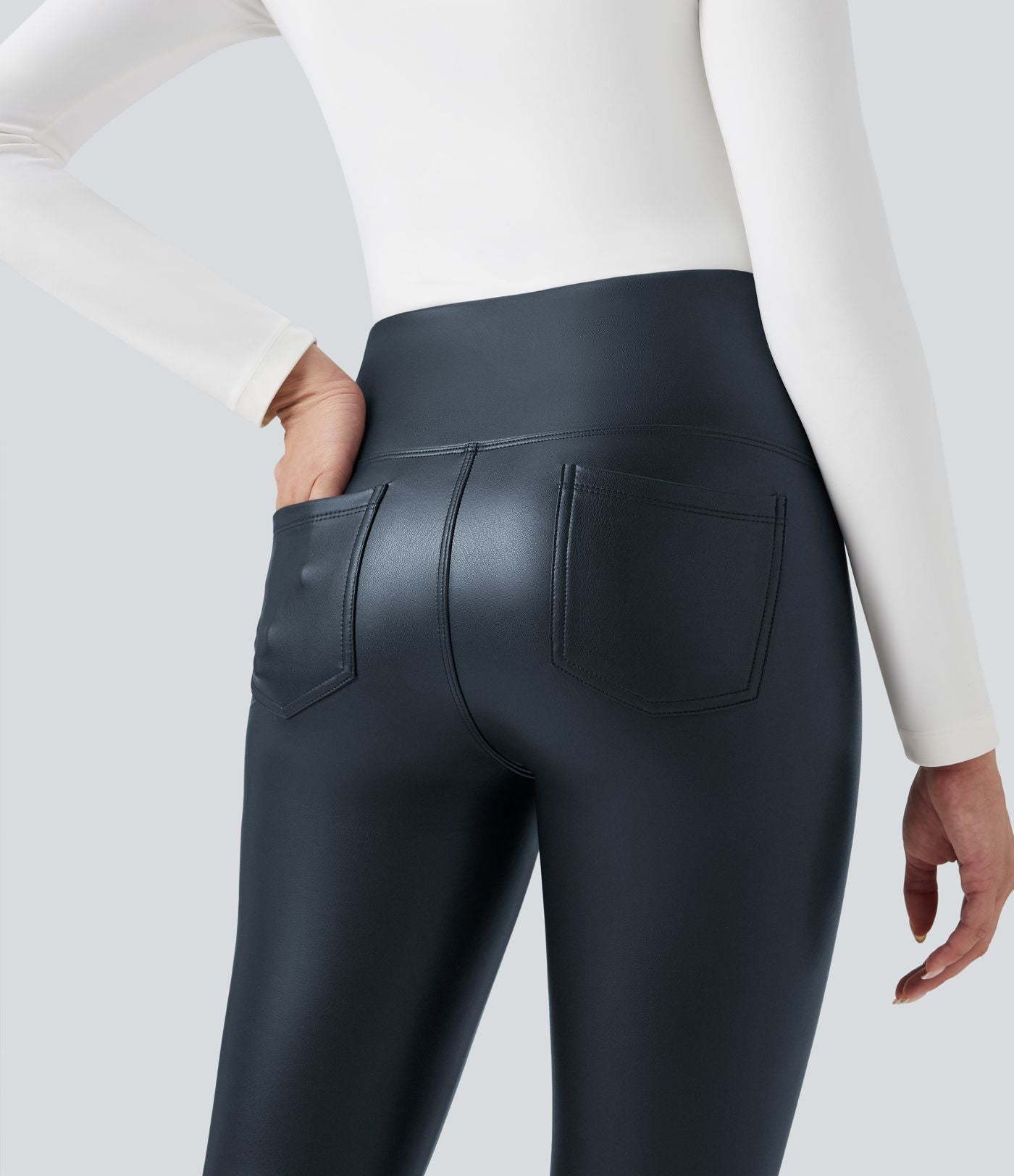 Pantalon 7/8 moulant décontracté polaire gainant taille haute extensible effet cuir avec poches