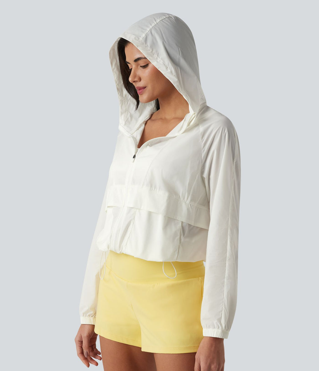 Veste de course à capuche à manches longues avec empiècements en mesh contrasté et poches – Protection UPF 50+