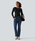 T-shirt décontracté maille côtelée semi-transparent col rond manches longues