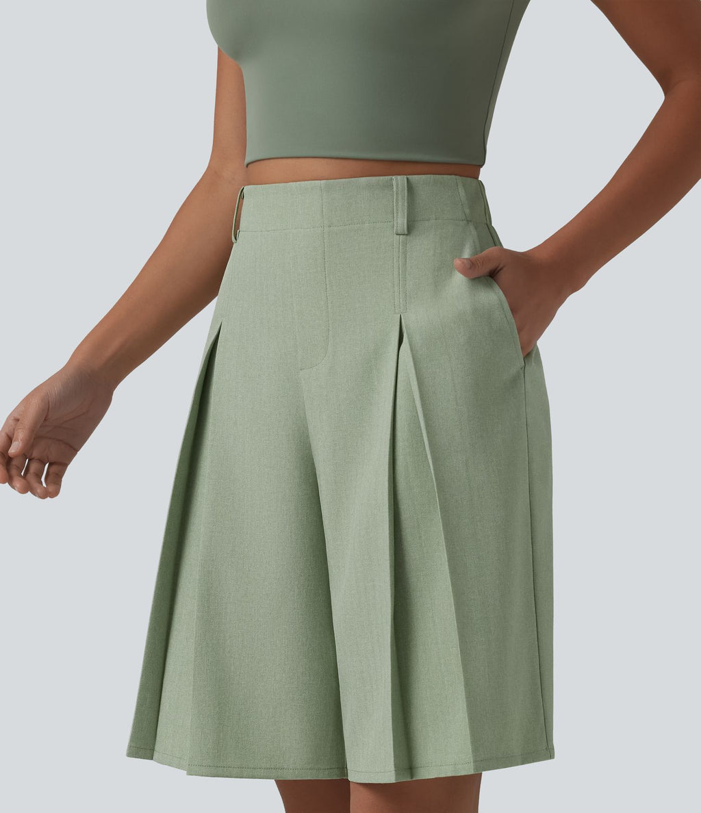 Bermuda ample infroissable taille haute plissé aspect lin avec fermeture éclair invisible et poches