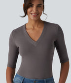T-shirt décontracté col V manches mi-longues en maille côtelée