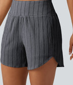 Short casual taille haute ourlet arrondi rayures avec poches